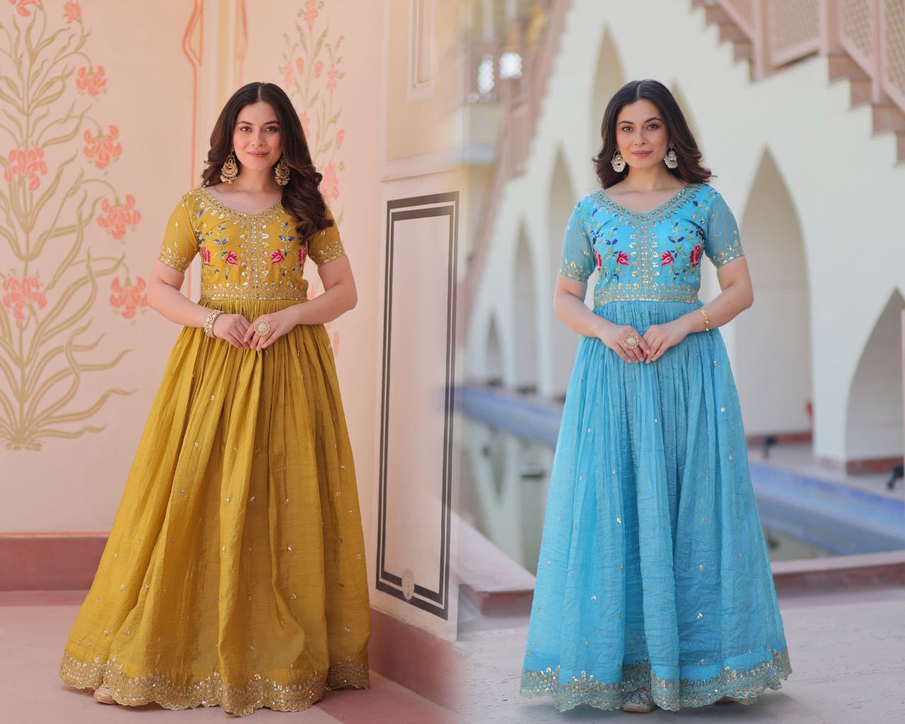 Premium Gold Crush Designer Gown with Multi-Thread Zari & Sequins Embroidery