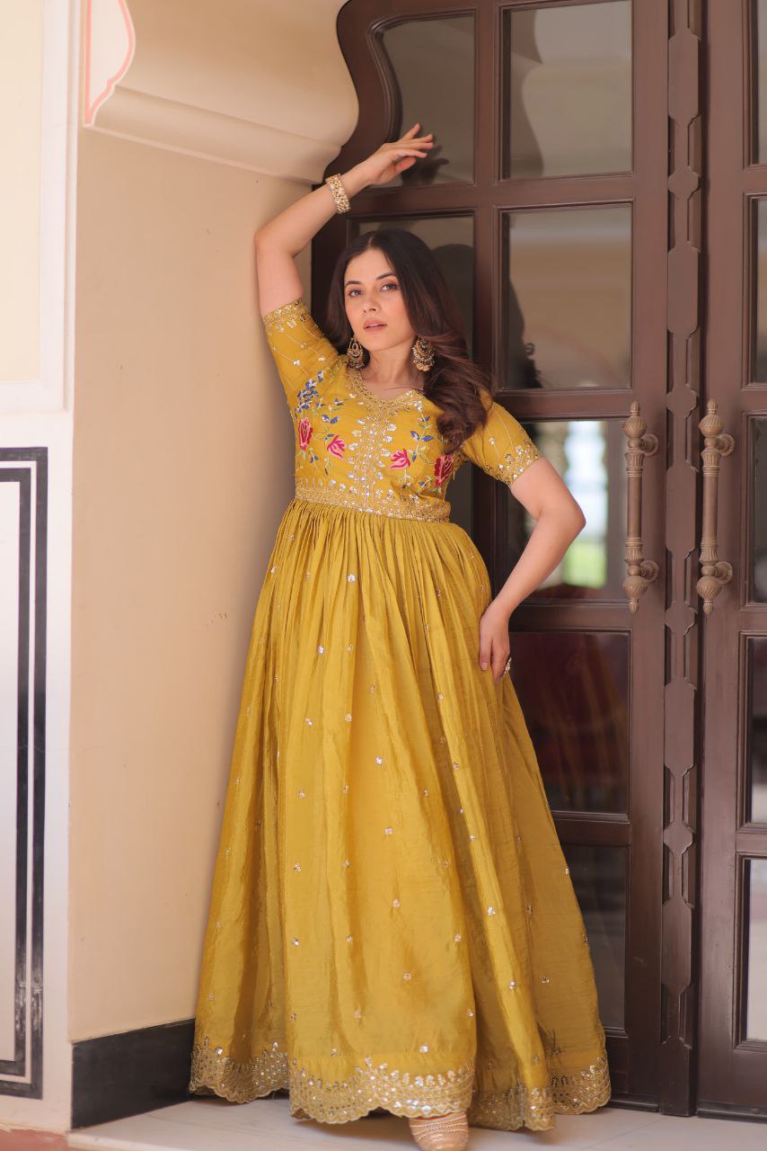 Premium Gold Crush Designer Gown with Multi-Thread Zari & Sequins Embroidery