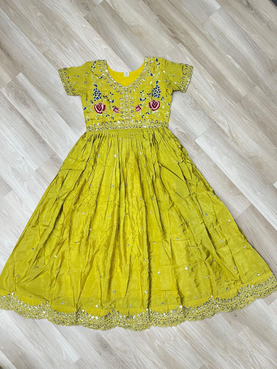 Premium Gold Crush Designer Gown with Multi-Thread Zari & Sequins Embroidery