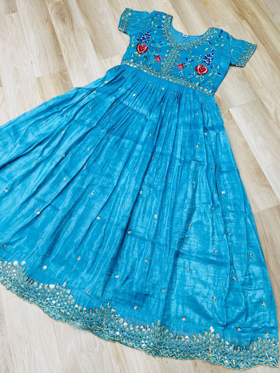 Premium Gold Crush Designer Gown with Multi-Thread Zari & Sequins Embroidery