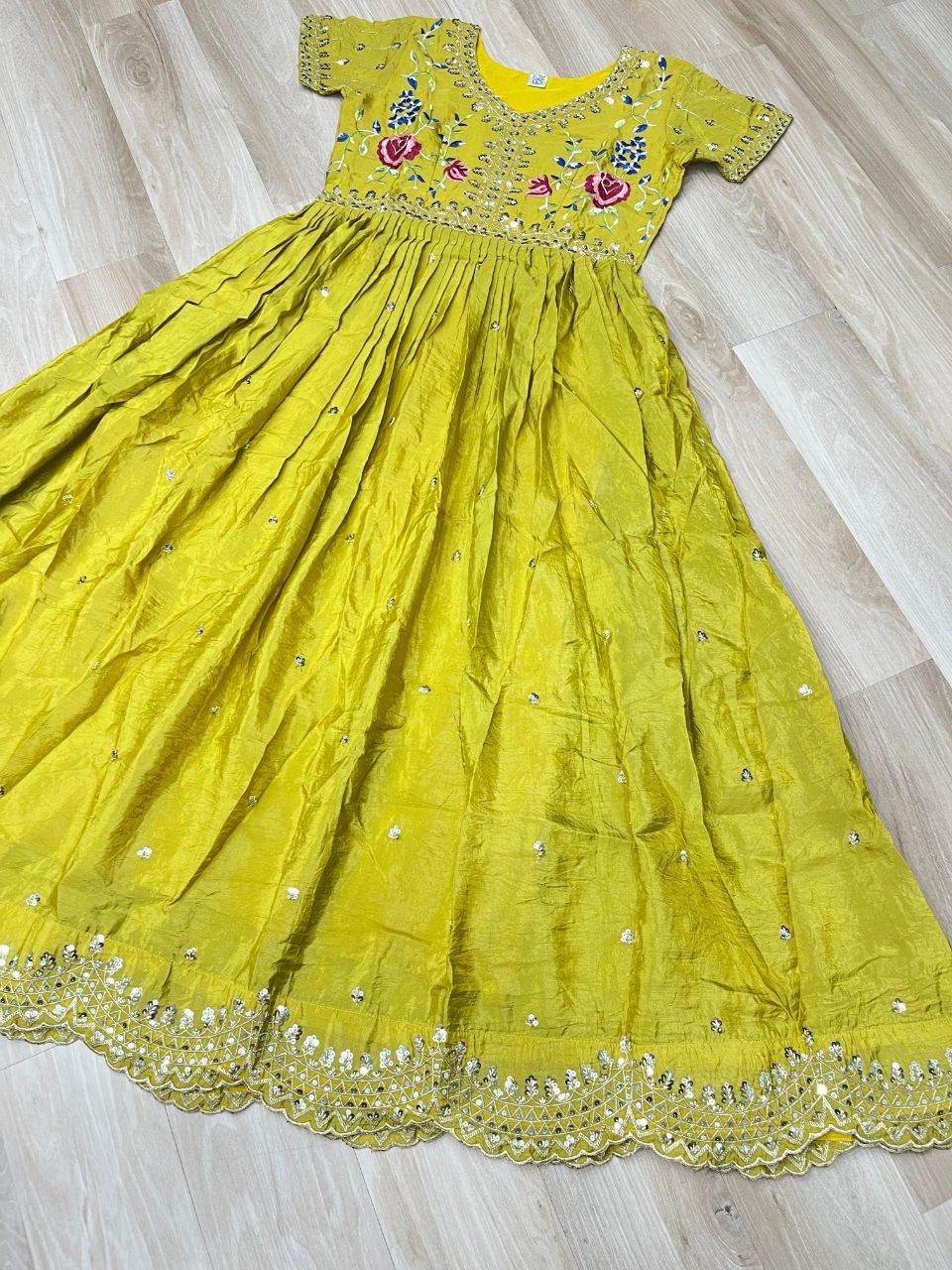 Premium Gold Crush Designer Gown with Multi-Thread Zari & Sequins Embroidery