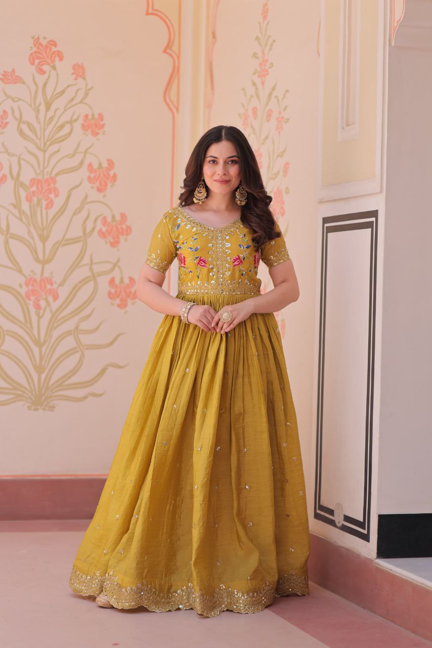 Premium Gold Crush Designer Gown with Multi-Thread Zari & Sequins Embroidery