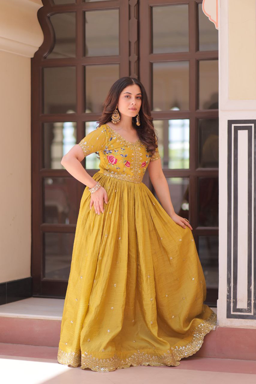 Premium Gold Crush Designer Gown with Multi-Thread Zari & Sequins Embroidery