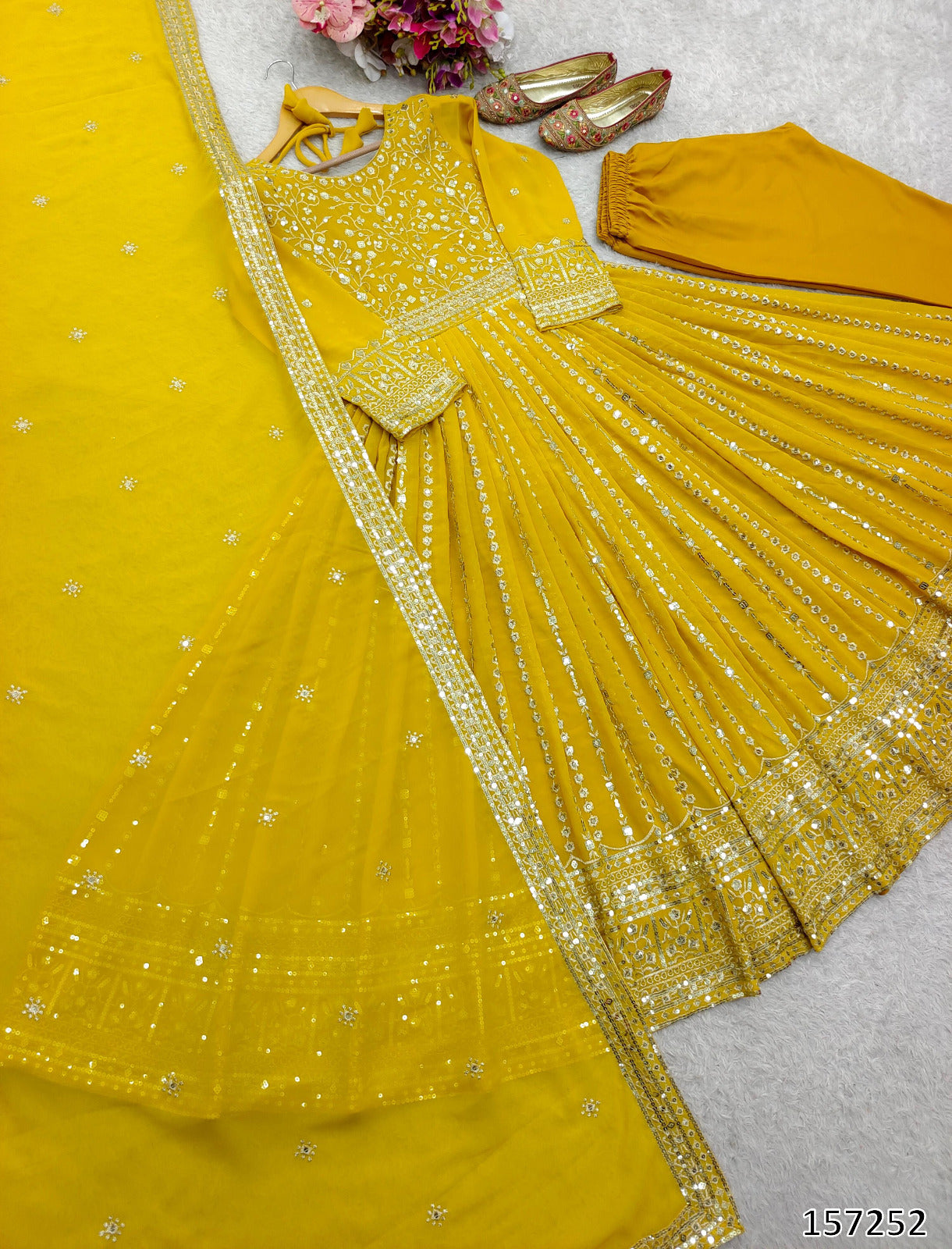 Wedding Haldi Special Gown: Premium Heavy Pure Fox Georgette Embroidered Gown-Pant with Dupatta Set