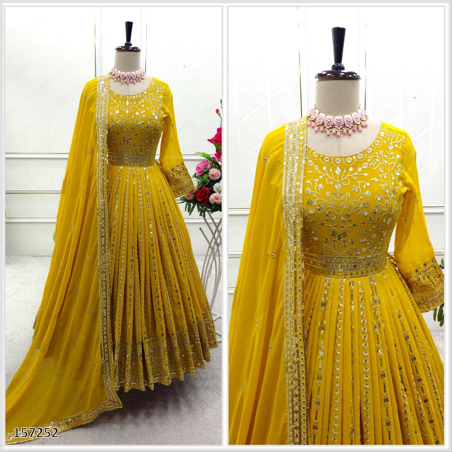 Wedding Haldi Special Gown: Premium Heavy Pure Fox Georgette Embroidered Gown-Pant with Dupatta Set
