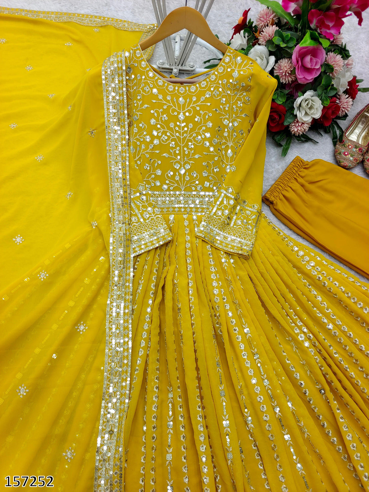 Wedding Haldi Special Gown: Premium Heavy Pure Fox Georgette Embroidered Gown-Pant with Dupatta Set