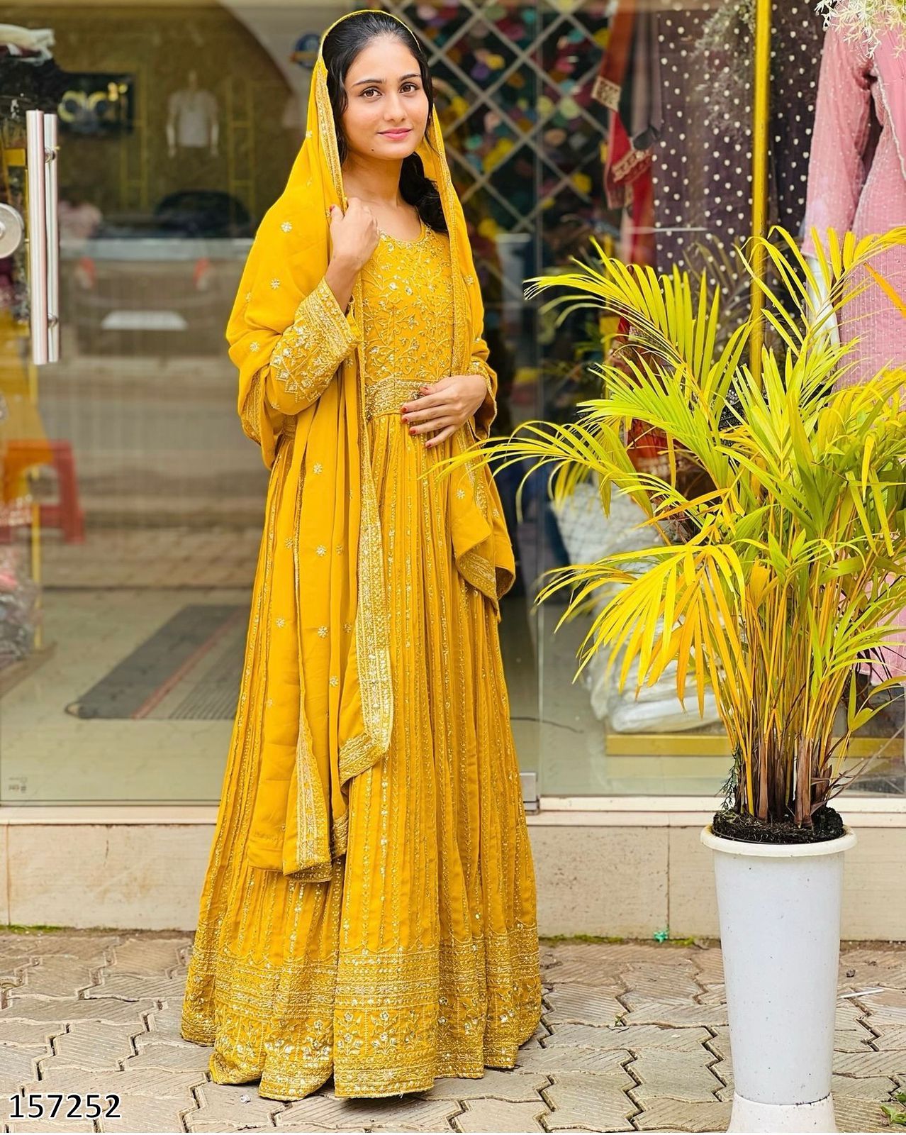 Wedding Haldi Special Gown: Premium Heavy Pure Fox Georgette Embroidered Gown-Pant with Dupatta Set