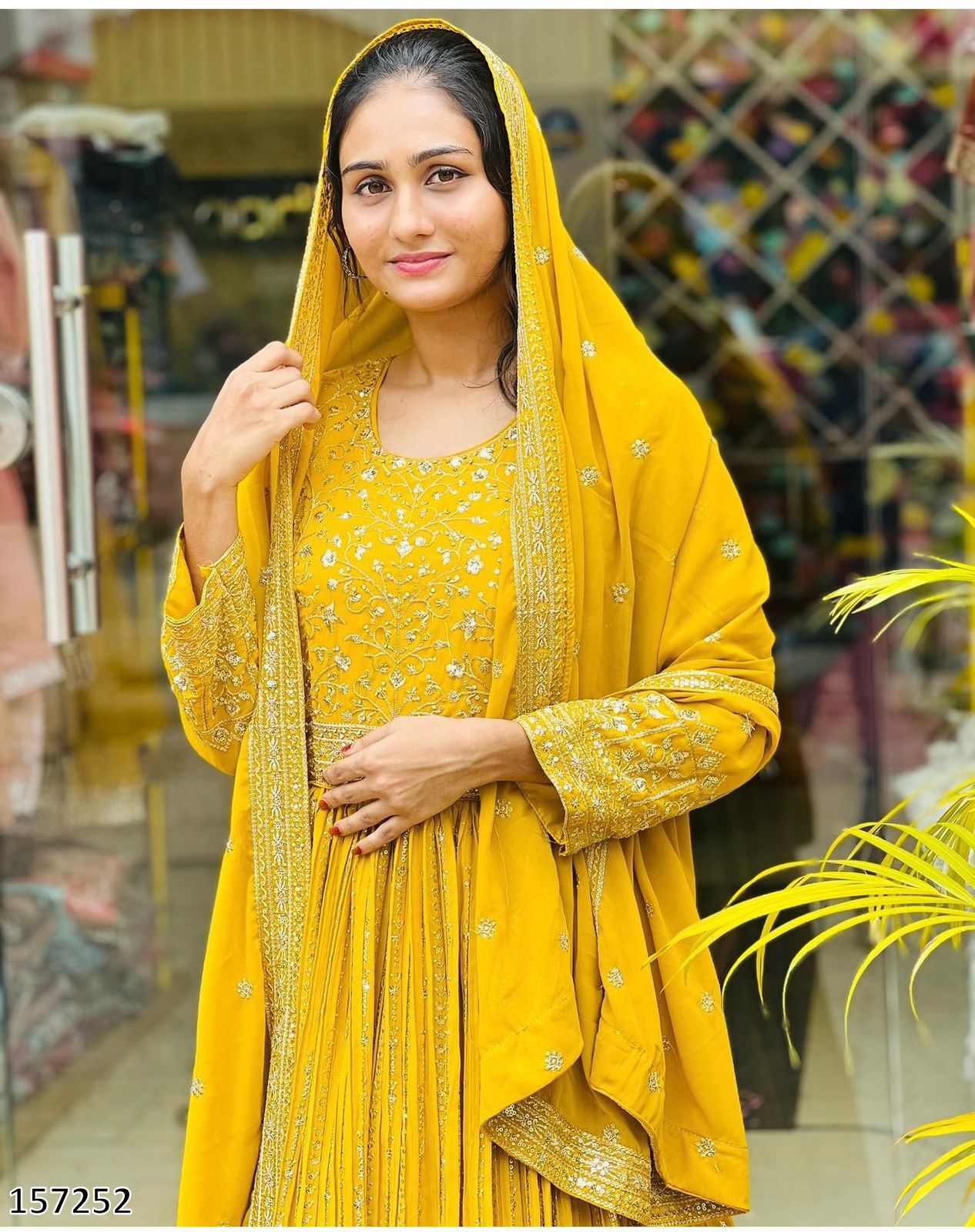 Wedding Haldi Special Gown: Premium Heavy Pure Fox Georgette Embroidered Gown-Pant with Dupatta Set