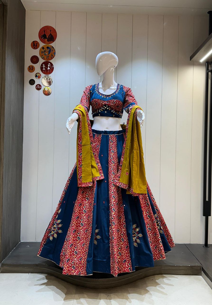 Premium Kutchi Print Kali Pattern Chaniya Choli Set with Mirror Handwork