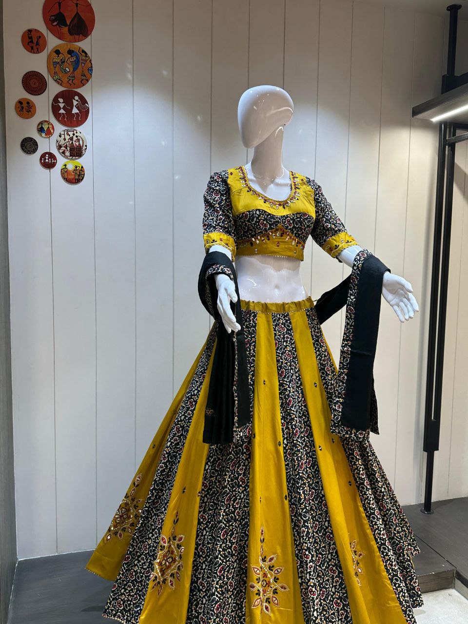 Premium Kutchi Print Kali Pattern Chaniya Choli Set with Mirror Handwork