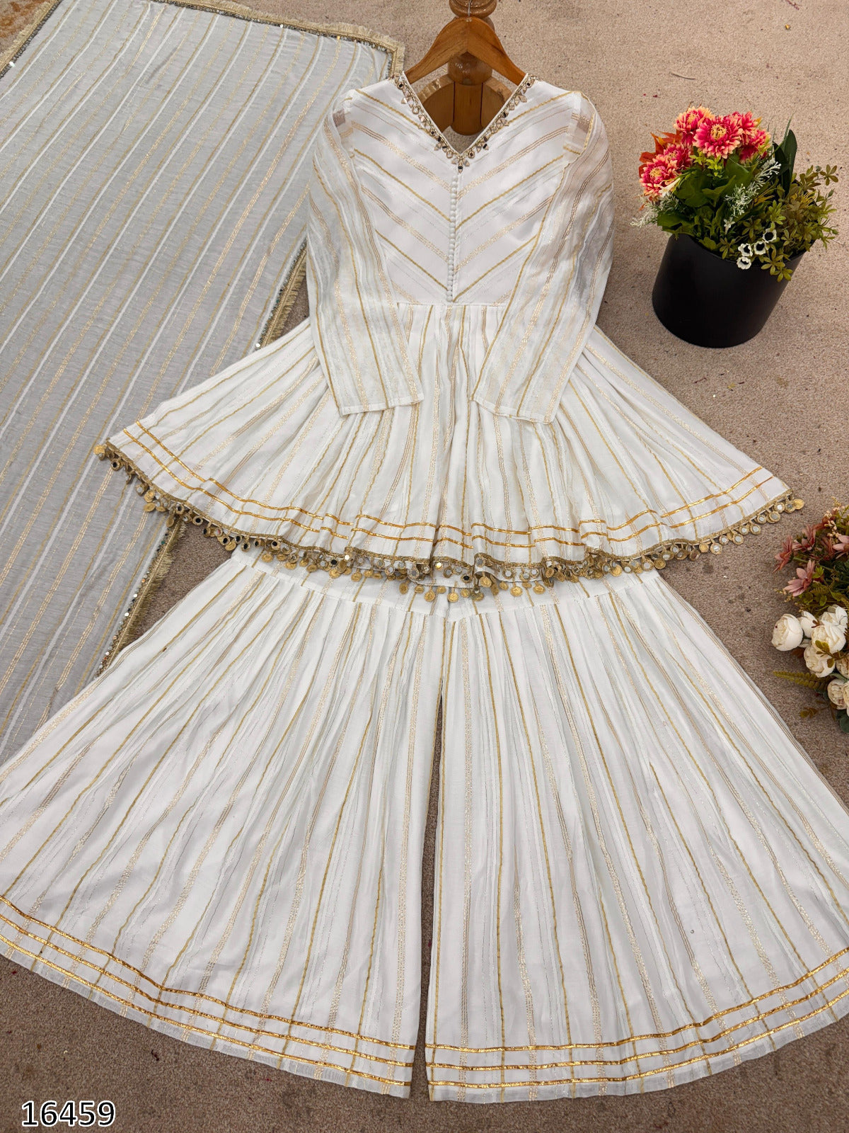 Premium Mal Chanderi Sharara Palazzo Set with Real Mirror Handwork & Dupatta