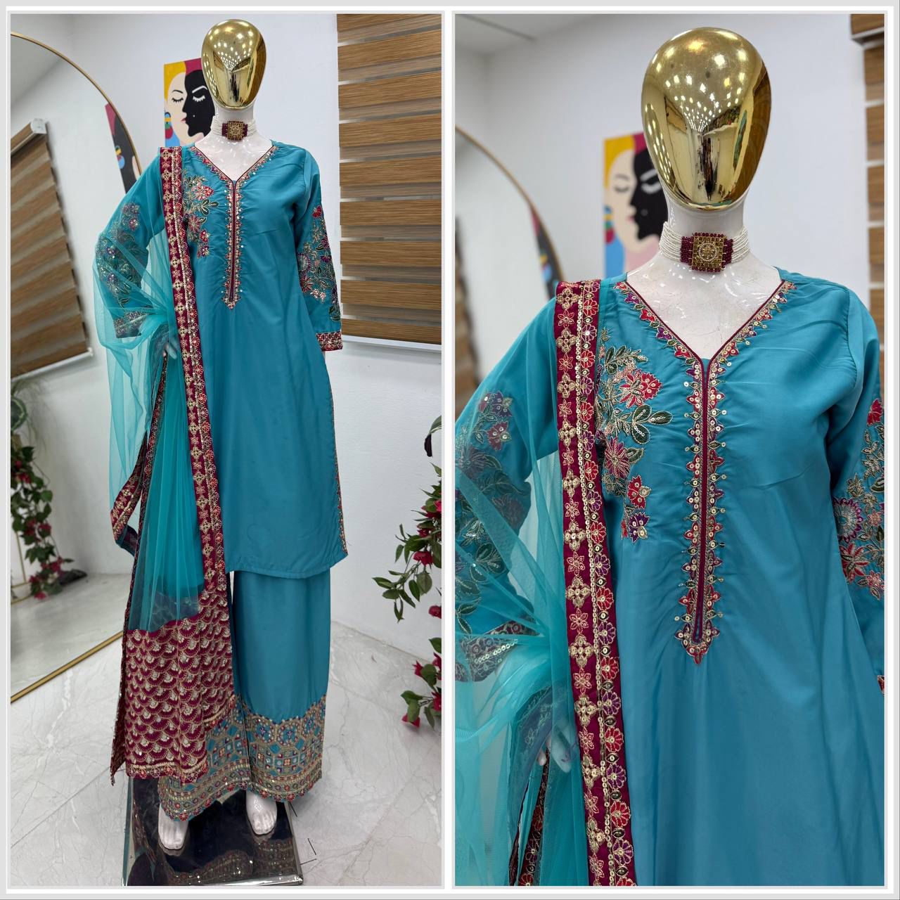Festive Specials Plazzo: Premium Quality 3-Piece Premium Natural Crepe Fabric Skyblue Palazzo Suit Set