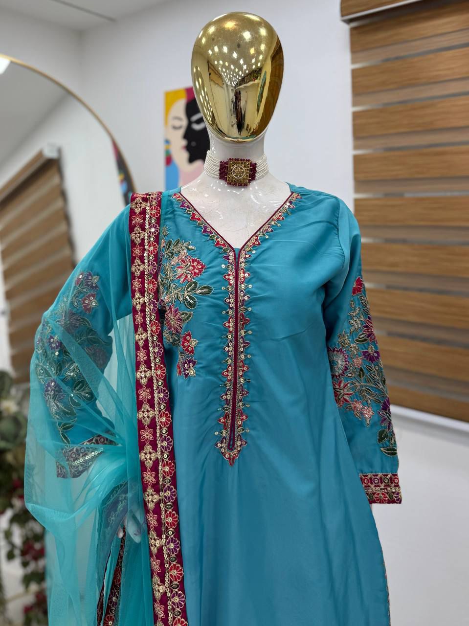 Festive Specials Plazzo: Premium Quality 3-Piece Premium Natural Crepe Fabric Skyblue Palazzo Suit Set