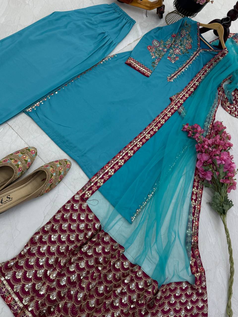 Festive Specials Plazzo: Premium Quality 3-Piece Premium Natural Crepe Fabric Skyblue Palazzo Suit Set