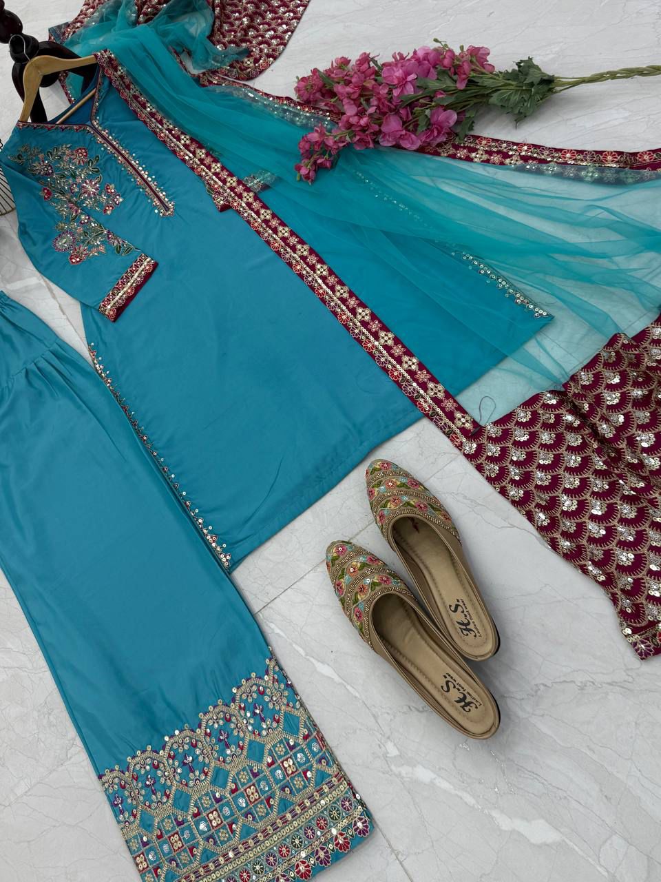 Festive Specials Plazzo: Premium Quality 3-Piece Premium Natural Crepe Fabric Skyblue Palazzo Suit Set
