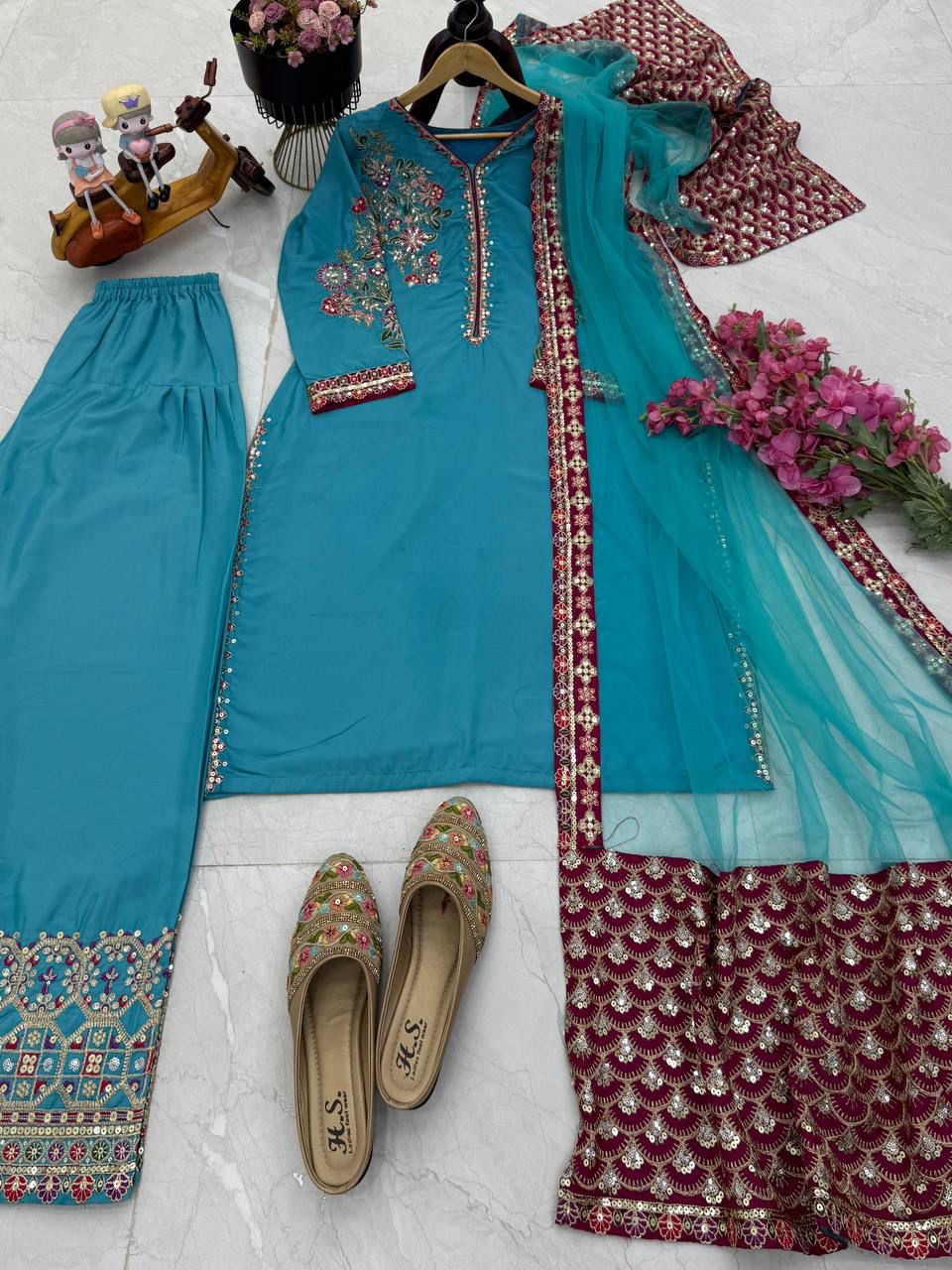 Festive Specials Plazzo: Premium Quality 3-Piece Premium Natural Crepe Fabric Skyblue Palazzo Suit Set