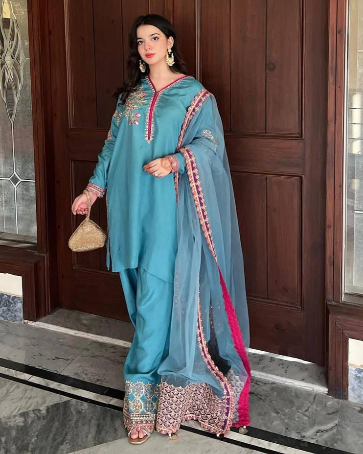 Festive Specials Plazzo: Premium Quality 3-Piece Premium Natural Crepe Fabric Skyblue Palazzo Suit Set