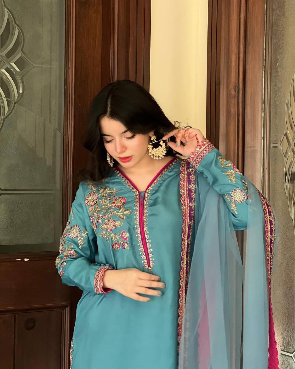 Festive Specials Plazzo: Premium Quality 3-Piece Premium Natural Crepe Fabric Skyblue Palazzo Suit Set