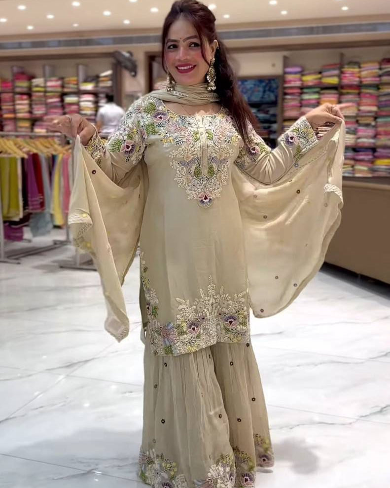 Party Wear & Festive Specials: Premium 3-piece Natural Crepe Sharara Palazzo & Dupatta Set