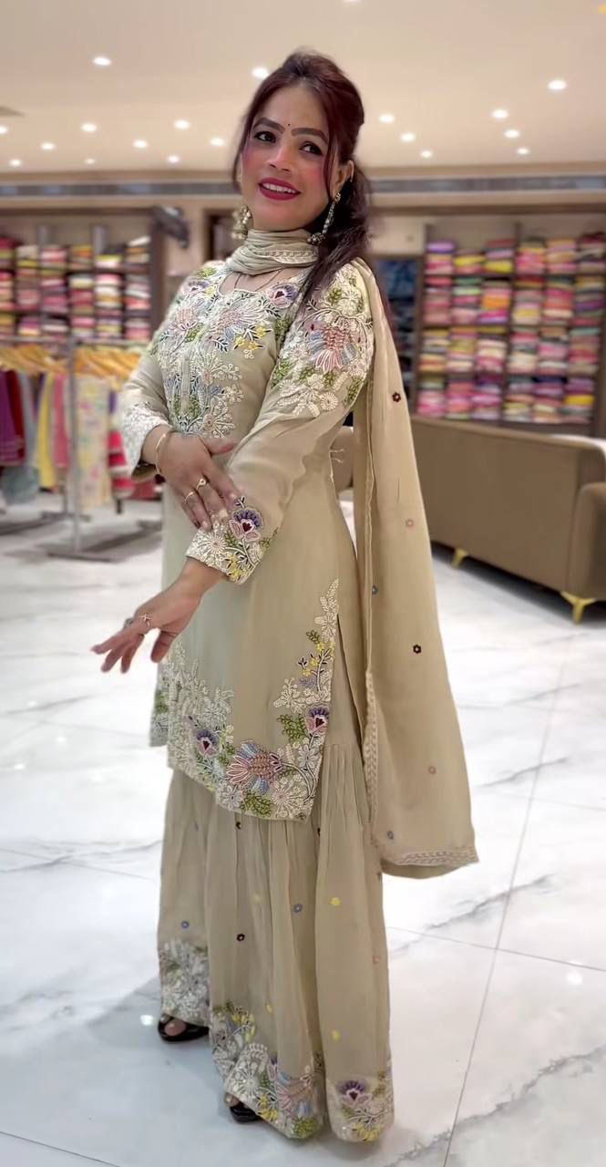 Party Wear & Festive Specials: Premium 3-piece Natural Crepe Sharara Palazzo & Dupatta Set