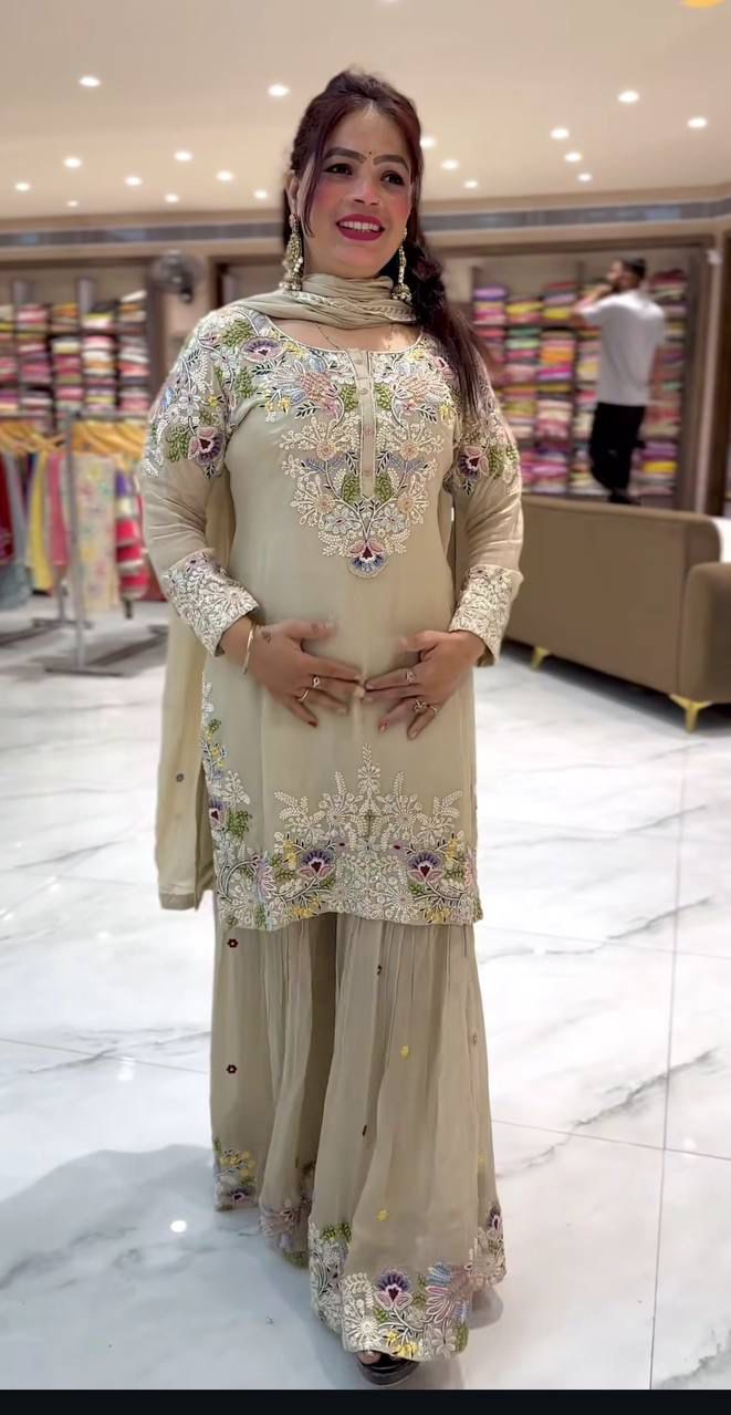 Party Wear & Festive Specials: Premium 3-piece Natural Crepe Sharara Palazzo & Dupatta Set