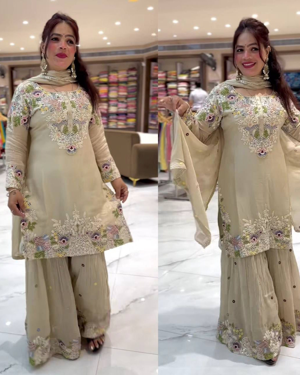 Woman wearing a beige embroidered traditional outfit in a store setting