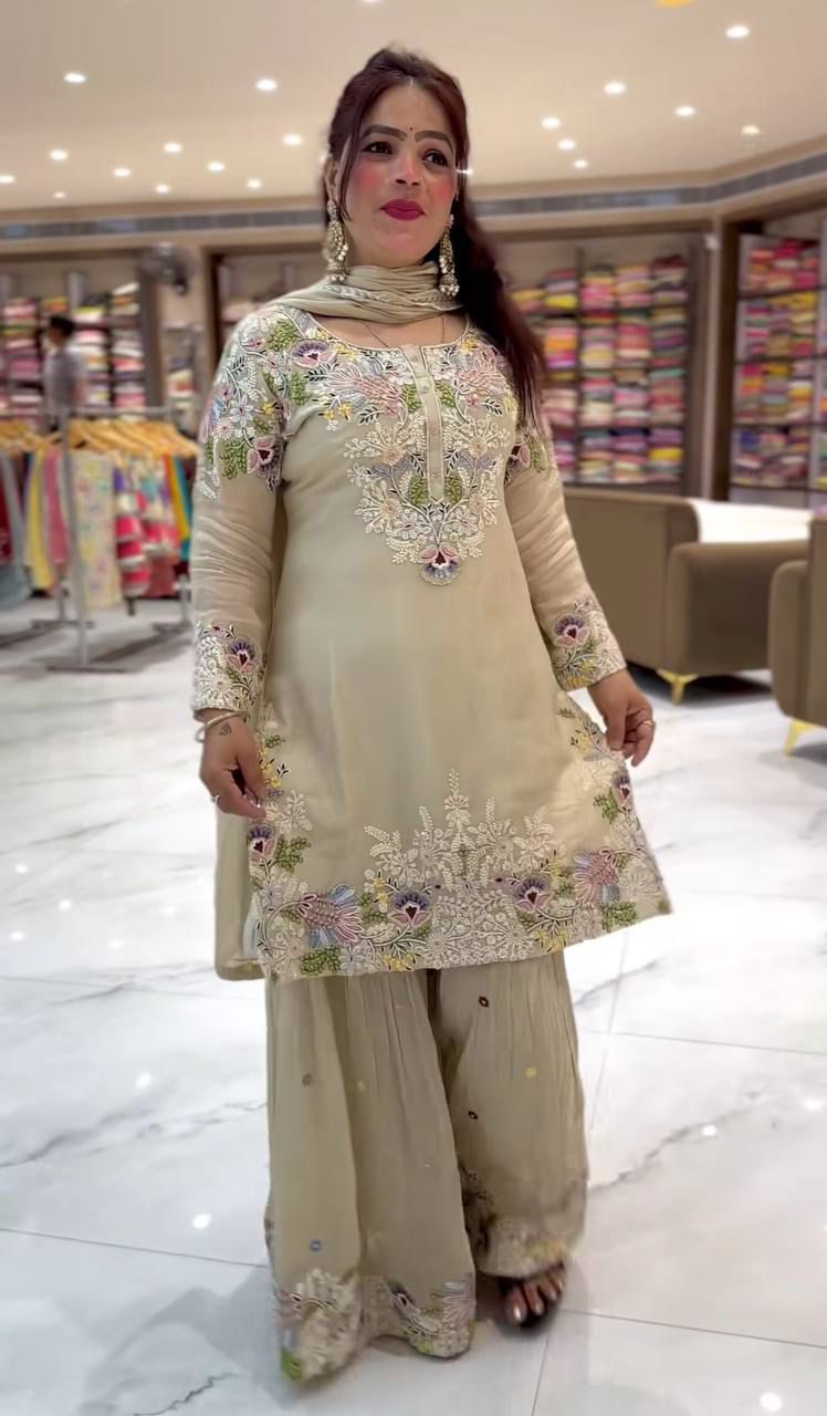 Party Wear & Festive Specials: Premium 3-piece Natural Crepe Sharara Palazzo & Dupatta Set