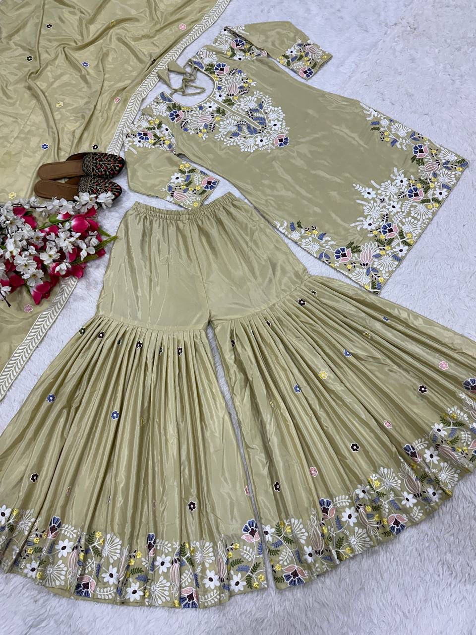 Party Wear & Festive Specials: Premium 3-piece Natural Crepe Sharara Palazzo & Dupatta Set