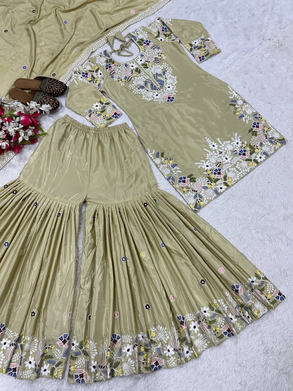 Party Wear & Festive Specials: Premium 3-piece Natural Crepe Sharara Palazzo & Dupatta Set