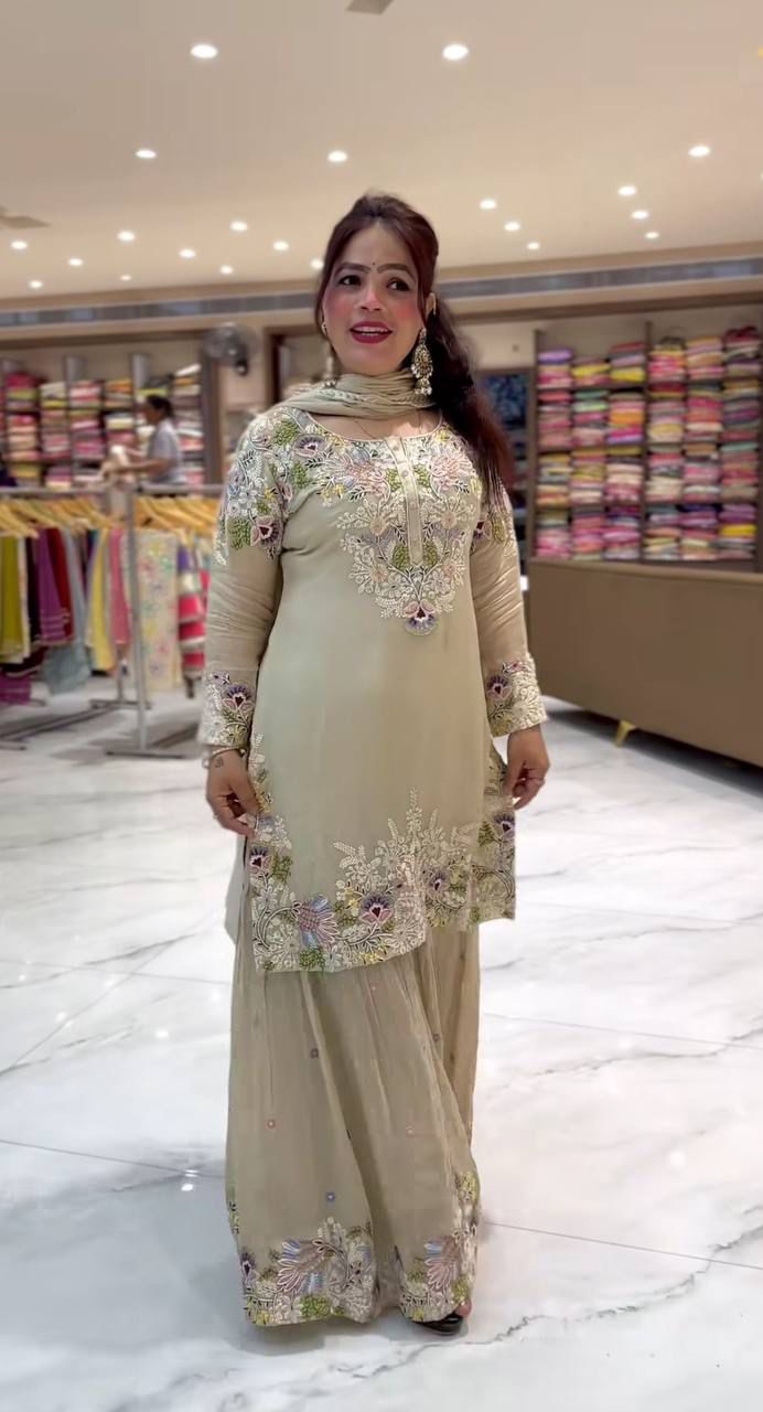 Party Wear & Festive Specials: Premium 3-piece Natural Crepe Sharara Palazzo & Dupatta Set
