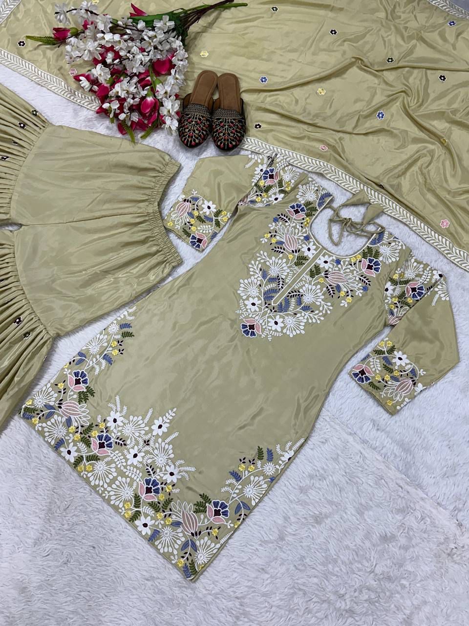 Party Wear & Festive Specials: Premium 3-piece Natural Crepe Sharara Palazzo & Dupatta Set