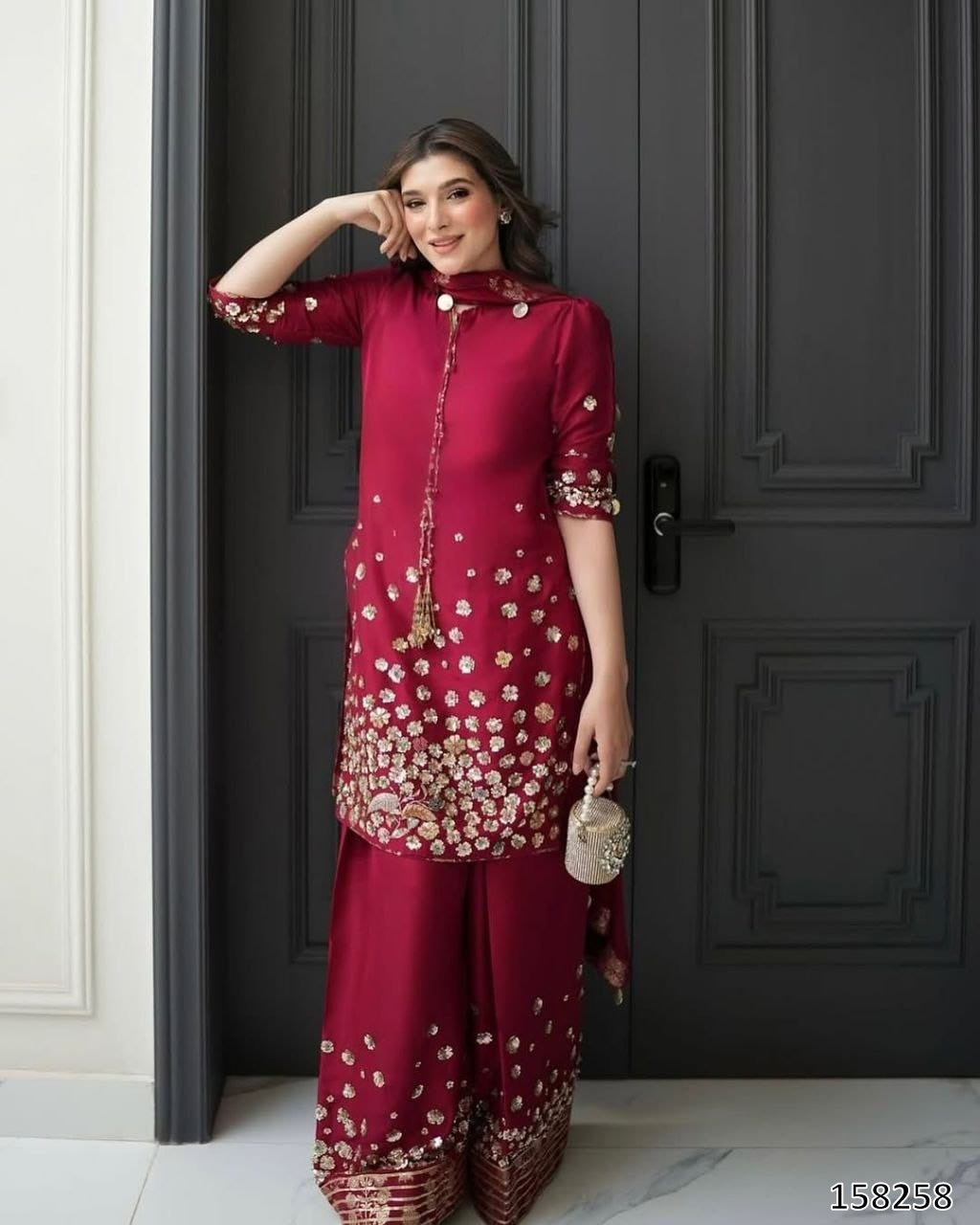 Karwa Chauth Special Dress: Premium Roman Silk Embroidered Cord Set with Dupatta
