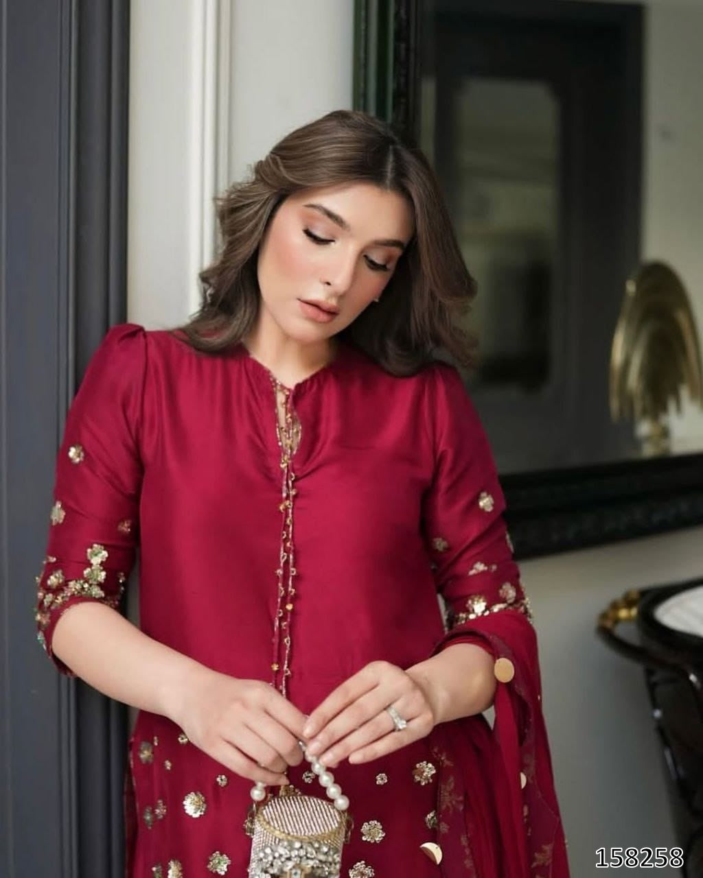 Karwa Chauth Special Dress: Premium Roman Silk Embroidered Cord Set with Dupatta