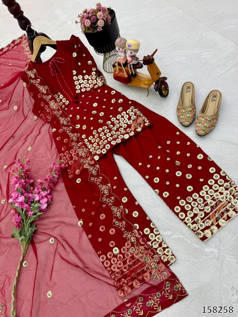 Karwa Chauth Special Dress: Premium Roman Silk Embroidered Cord Set with Dupatta