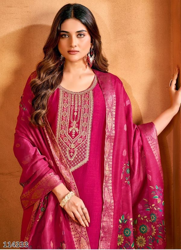 Premium Vichitra Silk Embroidered Suit Set with Pant & Dupatta