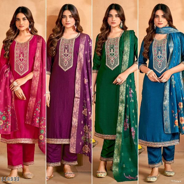 Premium Vichitra Silk Embroidered Suit Set with Pant & Dupatta