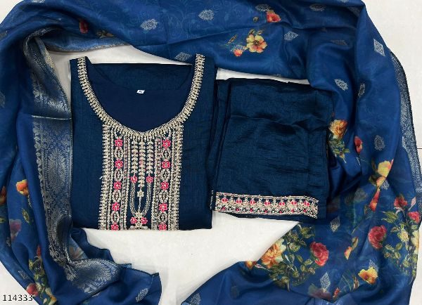 Premium Vichitra Silk Embroidered Suit Set with Pant & Dupatta