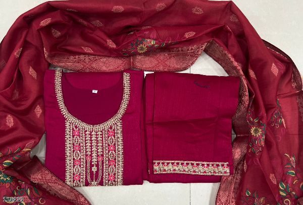 Premium Vichitra Silk Embroidered Suit Set with Pant & Dupatta