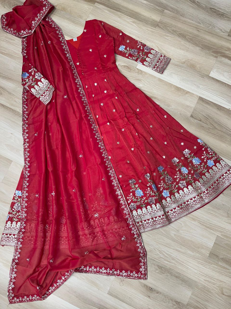Premium Viscose Cosmos Gown with Dupatta – Foil Embroidery Zari Sequins Work | Fully Stitched Party Wear