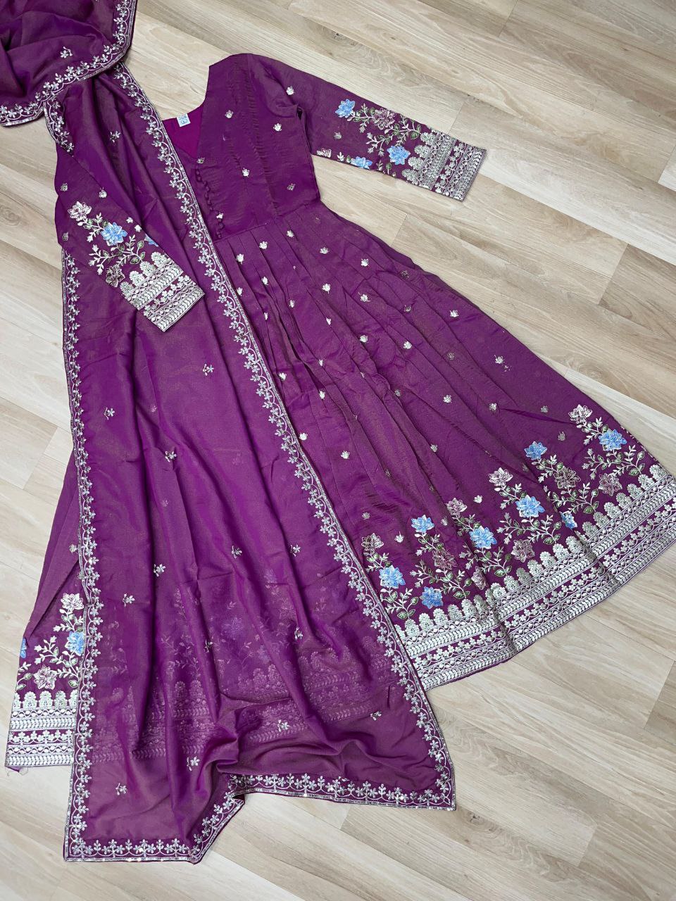 Premium Viscose Cosmos Gown with Dupatta – Foil Embroidery Zari Sequins Work | Fully Stitched Party Wear