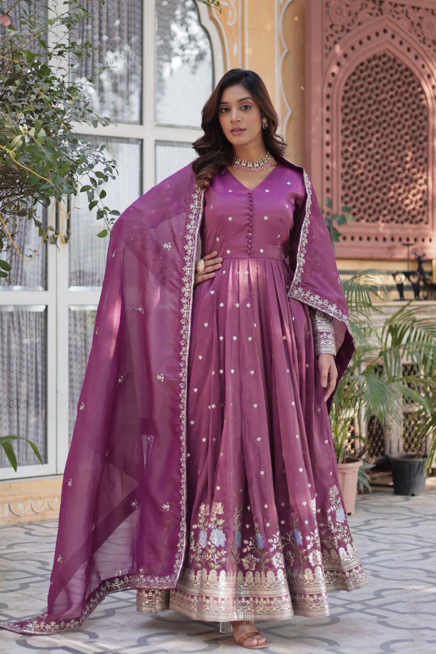 Premium Viscose Cosmos Gown with Dupatta – Foil Embroidery Zari Sequins Work | Fully Stitched Party Wear