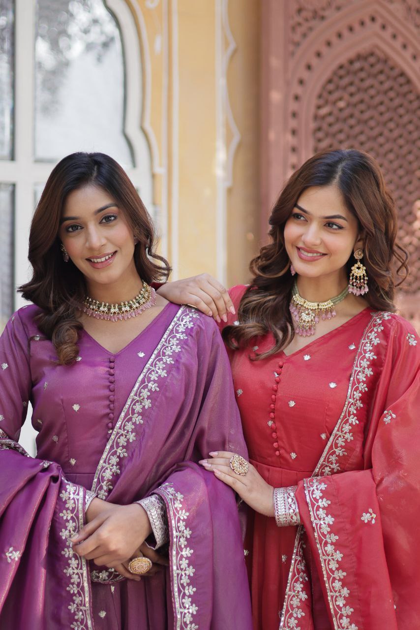 Premium Viscose Cosmos Gown with Dupatta – Foil Embroidery Zari Sequins Work | Fully Stitched Party Wear