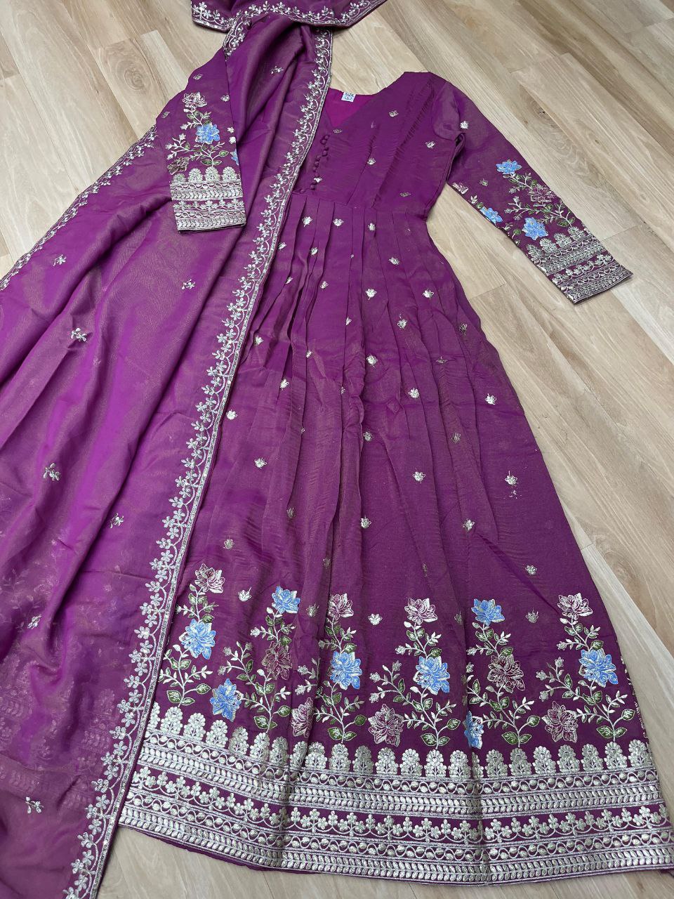 Premium Viscose Cosmos Gown with Dupatta – Foil Embroidery Zari Sequins Work | Fully Stitched Party Wear