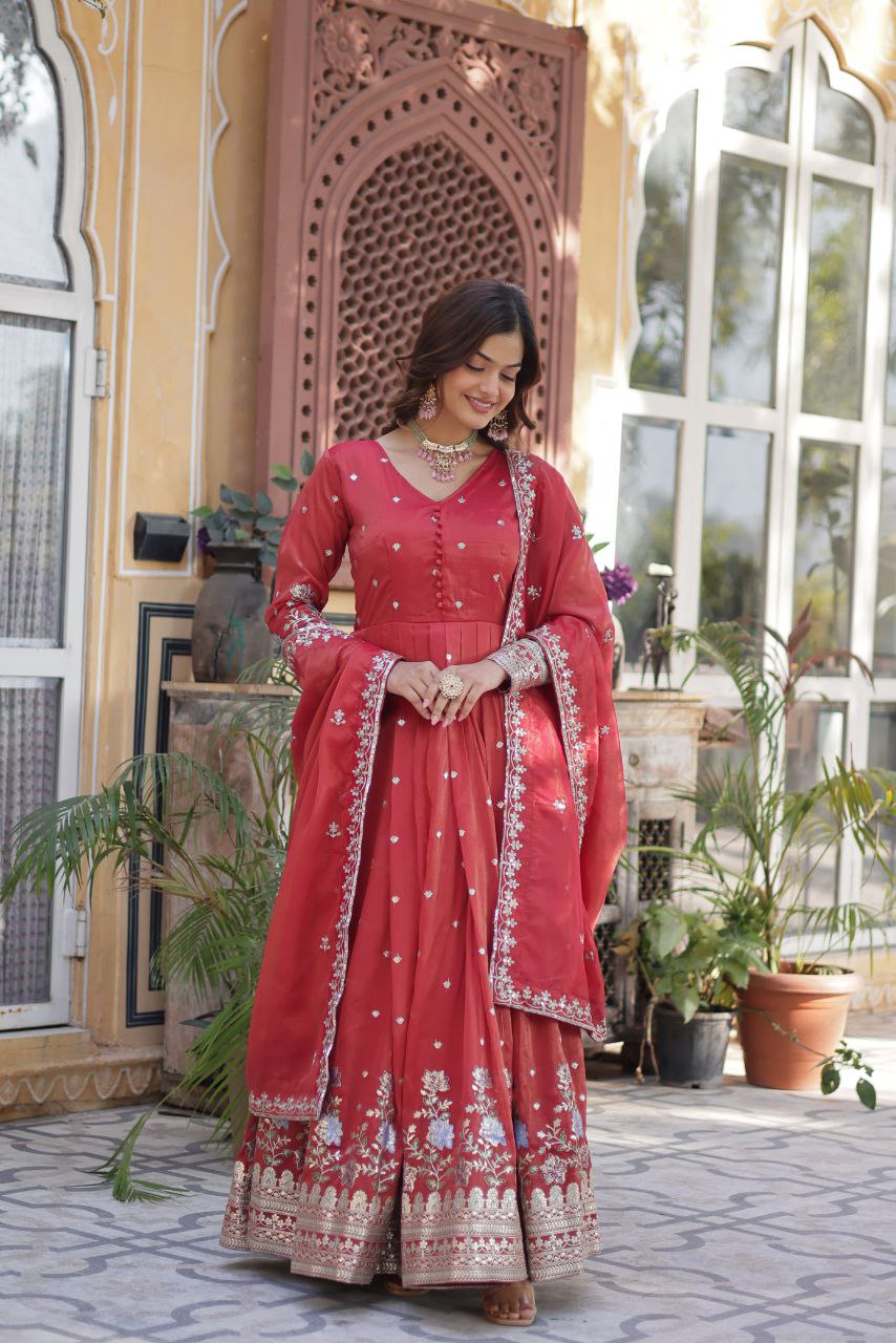 Premium Viscose Cosmos Gown with Dupatta – Foil Embroidery Zari Sequins Work | Fully Stitched Party Wear