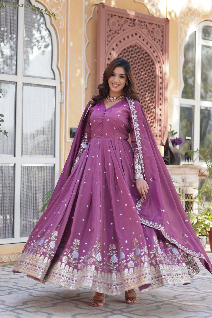 Premium Viscose Cosmos Gown with Dupatta – Foil Embroidery Zari Sequins Work | Fully Stitched Party Wear