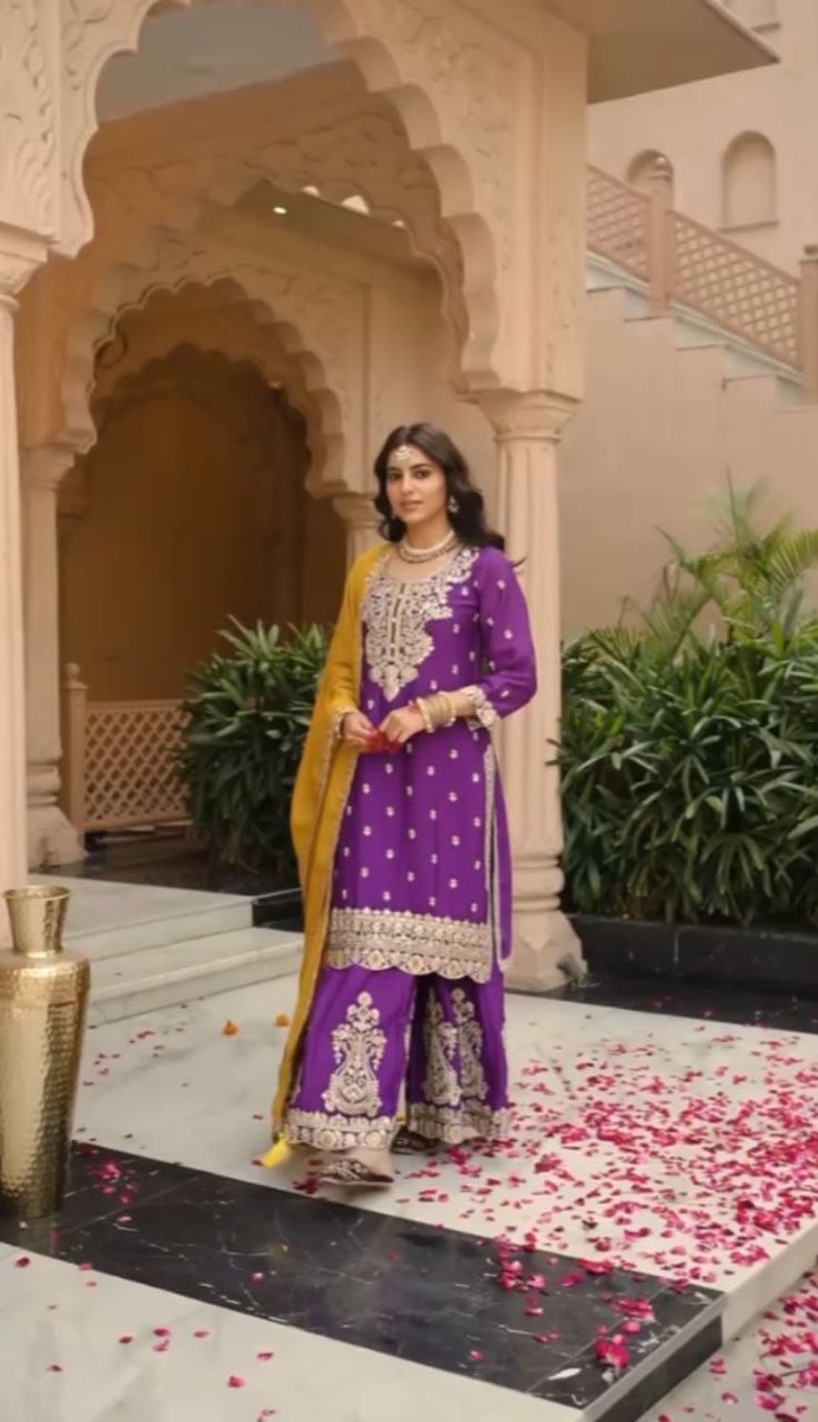 Prisha Fashion Designer Party Wear Vichitra Silk Top Plazzo & Dupatta Set – Fully Stitched