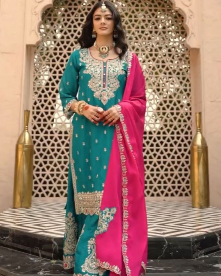 Prisha Fashion Designer Party Wear Vichitra Silk Top Plazzo & Dupatta Set – Fully Stitched