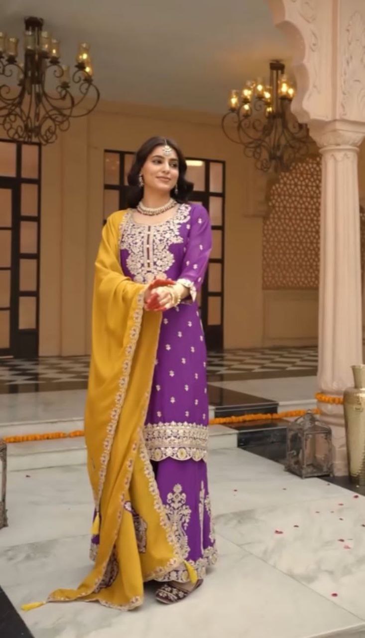 Prisha Fashion Designer Party Wear Vichitra Silk Top Plazzo & Dupatta Set – Fully Stitched