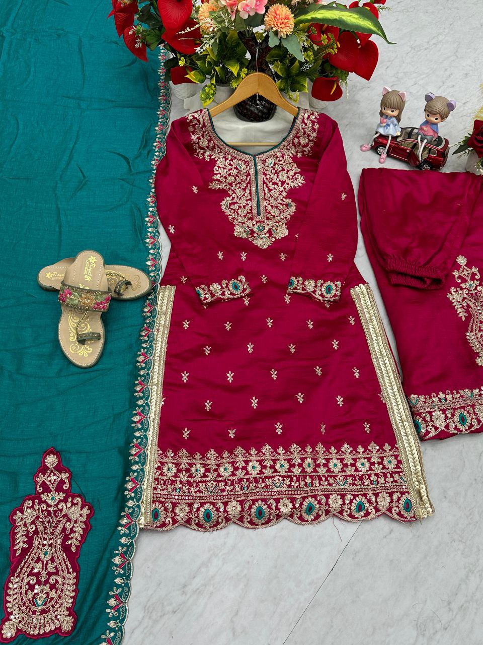Prisha Fashion Designer Party Wear Vichitra Silk Top Plazzo & Dupatta Set – Fully Stitched