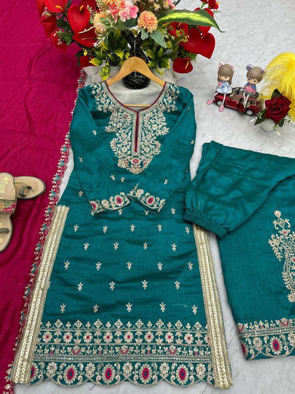 Prisha Fashion Designer Party Wear Vichitra Silk Top Plazzo & Dupatta Set – Fully Stitched